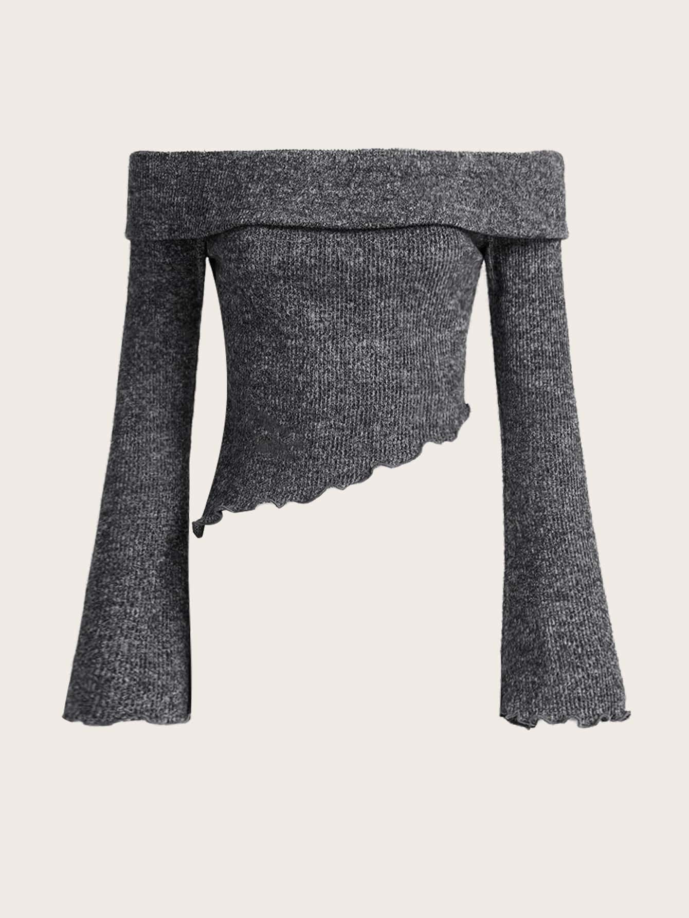 SHEIN ICON Off Shoulder Lettuce Trim Tee - Dark Grey - View 1