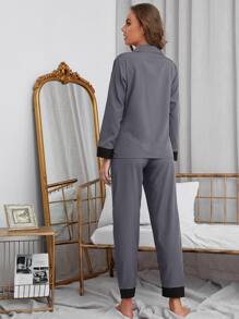 Contrast Piping Button Front PJ Set - Dark Grey - View 2