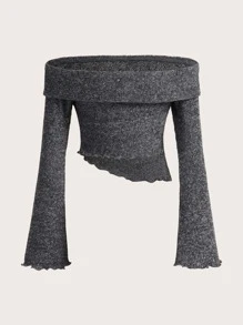 SHEIN ICON Off Shoulder Lettuce Trim Tee - Dark Grey - View 2