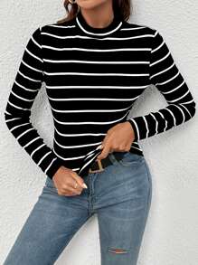 SHEIN LUNE Striped Mock Neck Tee,Commute,Minimalist,Office,Old Money,Simple - Black - View 5
