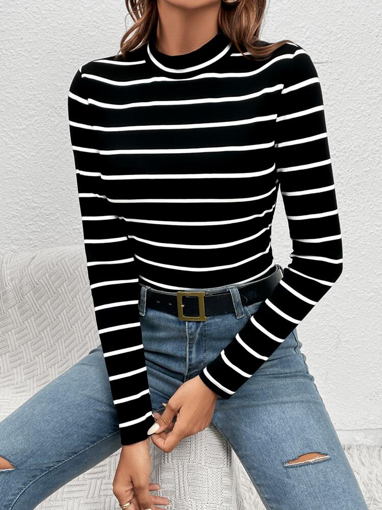 SHEIN LUNE Striped Mock Neck Tee,Commute,Minimalist,Office,Old Money,Simple - Black - View 6