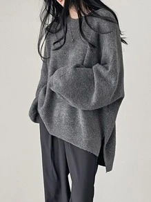 Jersey unicolor de manga murciélago bajo con abertura - Gris - Ver 1