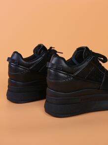 Stitch Detail Lace-up Front Wedge Sneakers - Black - View 3