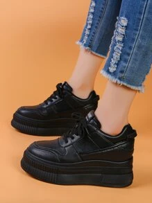 Stitch Detail Lace-up Front Wedge Sneakers - Black - View 4