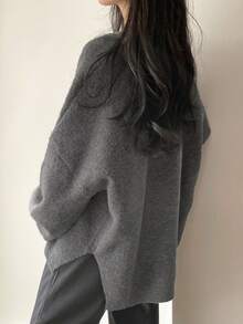 Jersey unicolor de manga murciélago bajo con abertura - Gris - Ver 2