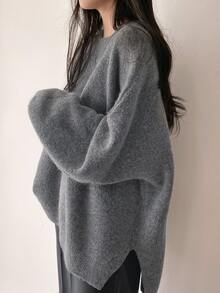 Jersey unicolor de manga murciélago bajo con abertura - Gris - Ver 3