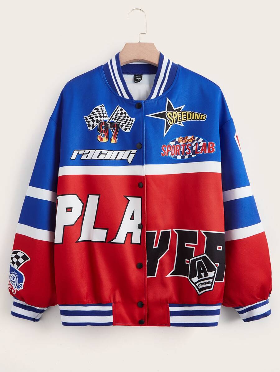 SHEIN Coolane Checkerboard & Letter Graphic Colourblock Drop Shoulder Varsity Jacket - Multicolor - View 1