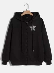 SHEIN EZwear Star Rhinestone Drop Shoulder Drawstring Hoodie - Black - View 2