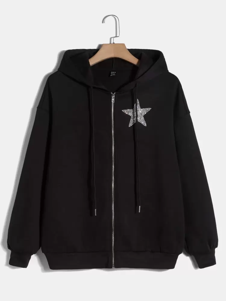 Star Rhinestone Drop Shoulder Drawstring Hoodie