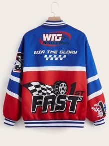 SHEIN Coolane Checkerboard & Letter Graphic Colourblock Drop Shoulder Varsity Jacket - Multicolor - View 2