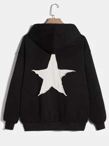 SHEIN EZwear Star Rhinestone Drop Shoulder Drawstring Hoodie - Black - View 1