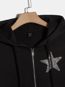 SHEIN EZwear Star Rhinestone Drop Shoulder Drawstring Hoodie - Black - View 3