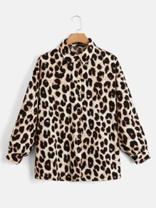 大碼豹紋印花前紐扣襯衫 - 彩色 - 查看 1