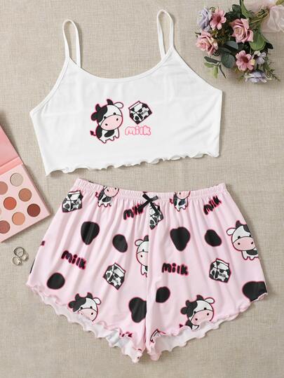Cartoon & Letter Print Lettuce Trim Pajama Set