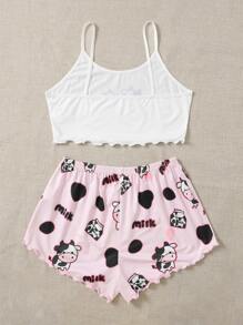 Cartoon & Letter Print Lettuce Trim Pyjama Set - Multicolor - View 2