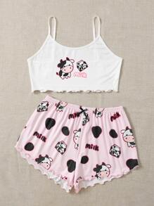 Cartoon & Letter Print Lettuce Trim Pyjama Set - Multicolor - View 3