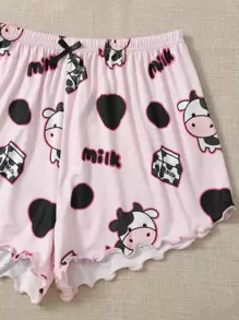 Cartoon & Letter Print Lettuce Trim Pyjama Set - Multicolor - View 4