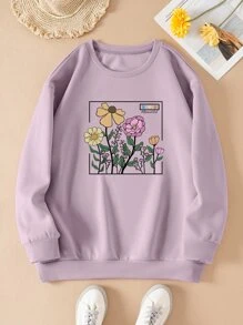 SHEIN EZwear Plus Floral Print Thermal Lined Sweatshirt - Lilac Purple - View 1