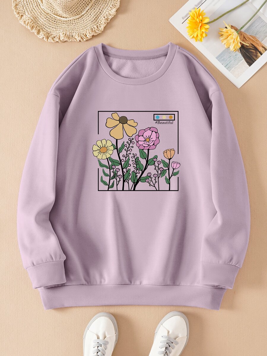 SHEIN EZwear Plus Floral Print Thermal Lined Sweatshirt - Lilac Purple - View 1