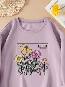 SHEIN EZwear Plus Floral Print Thermal Lined Sweatshirt - Lilac Purple - View 3