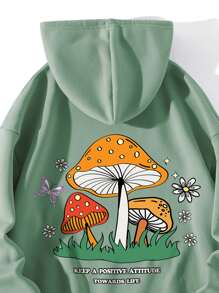 INAWLY Mushroom & Slogan Graphic Drawstring Thermal Lined Hoodie - Mint Green - View 3