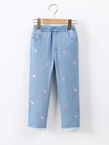 年輕女孩1條純棉直筒褲,紅心刺繡原始邊緣 - 淺色水洗藍 - 查看 1