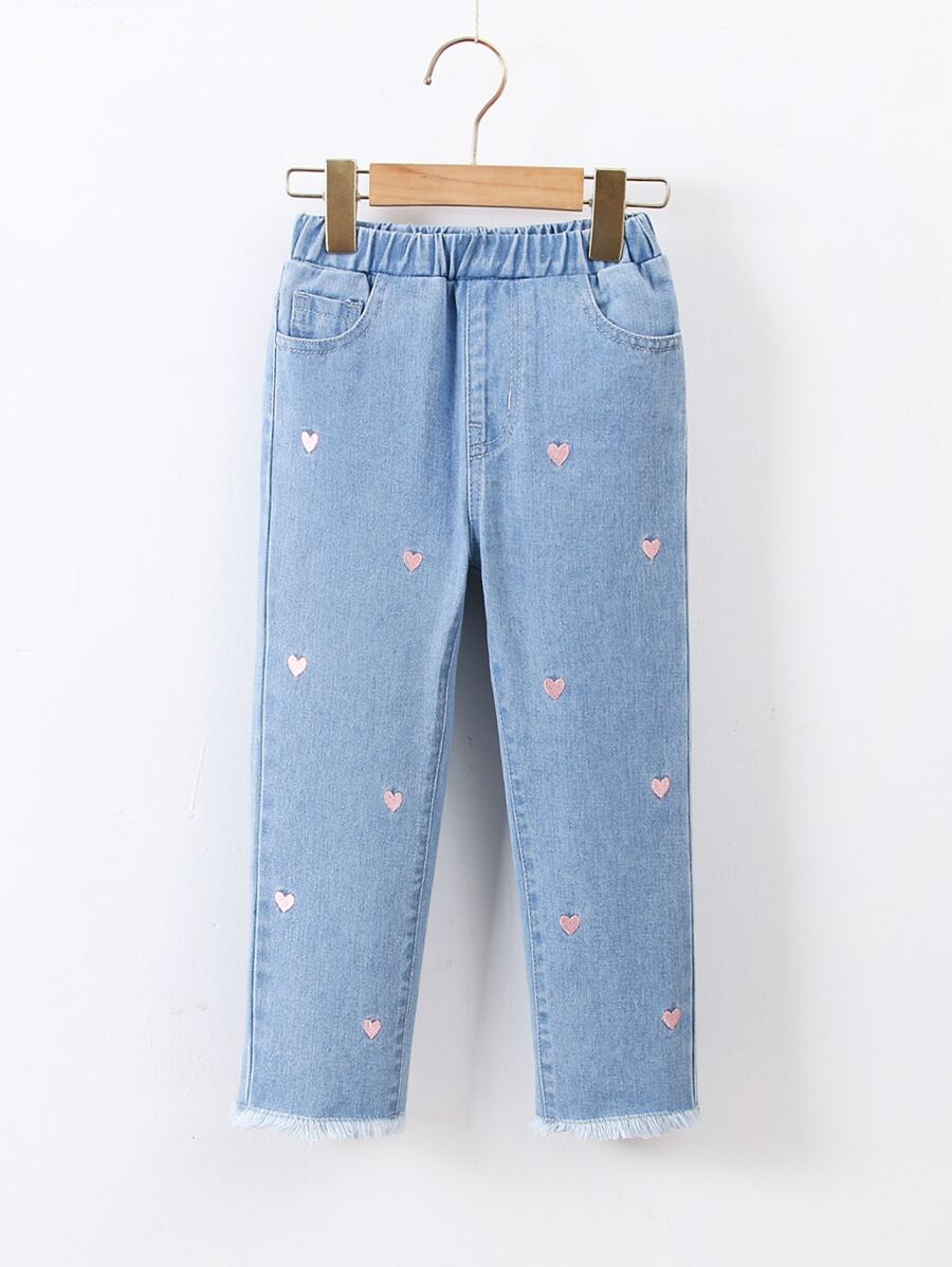年輕女孩1條純棉直筒褲,紅心刺繡原始邊緣 - 淺色水洗藍 - 查看 1