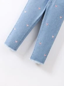 年輕女孩1條純棉直筒褲,紅心刺繡原始邊緣 - 淺色水洗藍 - 查看 4