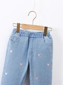 年輕女孩1條純棉直筒褲,紅心刺繡原始邊緣 - 淺色水洗藍 - 查看 5