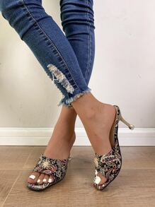 Women Rhinestone Decor Paisley Pattern Heeled Mule Sandals, Fashion Fabric Mule Sandals - Multicolor - View 2