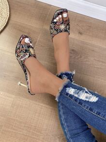 Women Rhinestone Decor Paisley Pattern Heeled Mule Sandals, Fashion Fabric Mule Sandals - Multicolor - View 3