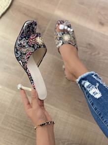 Women Rhinestone Decor Paisley Pattern Heeled Mule Sandals, Fashion Fabric Mule Sandals - Multicolor - View 5