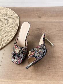 Women Rhinestone Decor Paisley Pattern Heeled Mule Sandals, Fashion Fabric Mule Sandals - Multicolor - View 6