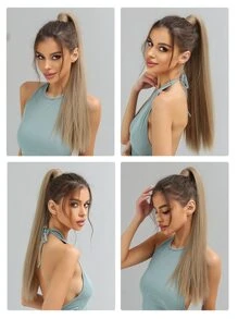 夾式直馬尾假髮，女士專用，24英寸香檳色包裹式長直合成纖維髮片配件，擬真自然 - 摩卡棕 - 查看 3