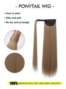 夾式直馬尾假髮，女士專用，24英寸香檳色包裹式長直合成纖維髮片配件，擬真自然 - 摩卡棕 - 查看 5