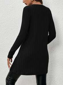 SHEIN Essnce 條紋針織下擺開叉T恤 - 黑色 - 查看 2