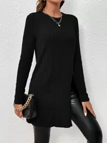 SHEIN Essnce 條紋針織下擺開叉T恤 - 黑色 - 查看 4