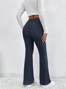 SHEIN Frenchy Elastic Waist Flare Leg Pants - Navy Blue - View 1