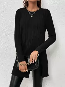 SHEIN Essnce 條紋針織下擺開叉T恤 - 黑色 - 查看 5