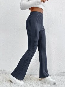 SHEIN Frenchy Elastic Waist Flare Leg Pants - Navy Blue - View 3