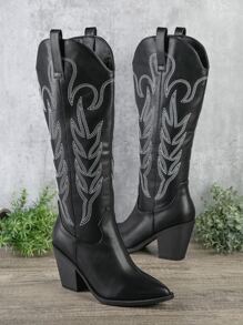 SHUZIA Women Shoes Embroidered Cowboy Keen Hight Pointy Toe Block Heel Western Boot PU Black Western Boot Summer Shoes Spring Shoes Spring Break Easter