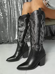 SHUZIA Women Shoes Embroidered Cowboy Keen Hight Pointy Toe Block Heel Western Boot PU Black Western Boot Summer Shoes Spring Shoes Spring Break Easter