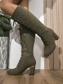 Lace-up Front Chunky Heeled Classic Boots - Army Green - View 2
