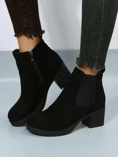 Fall/Winter 2025 Zipper Side Chunky Heeled Chelsea Boots, High-Heeled Black Elegant Solid Color Women's Fashion Boots,Wear With Pants,Fashion Match Leggings