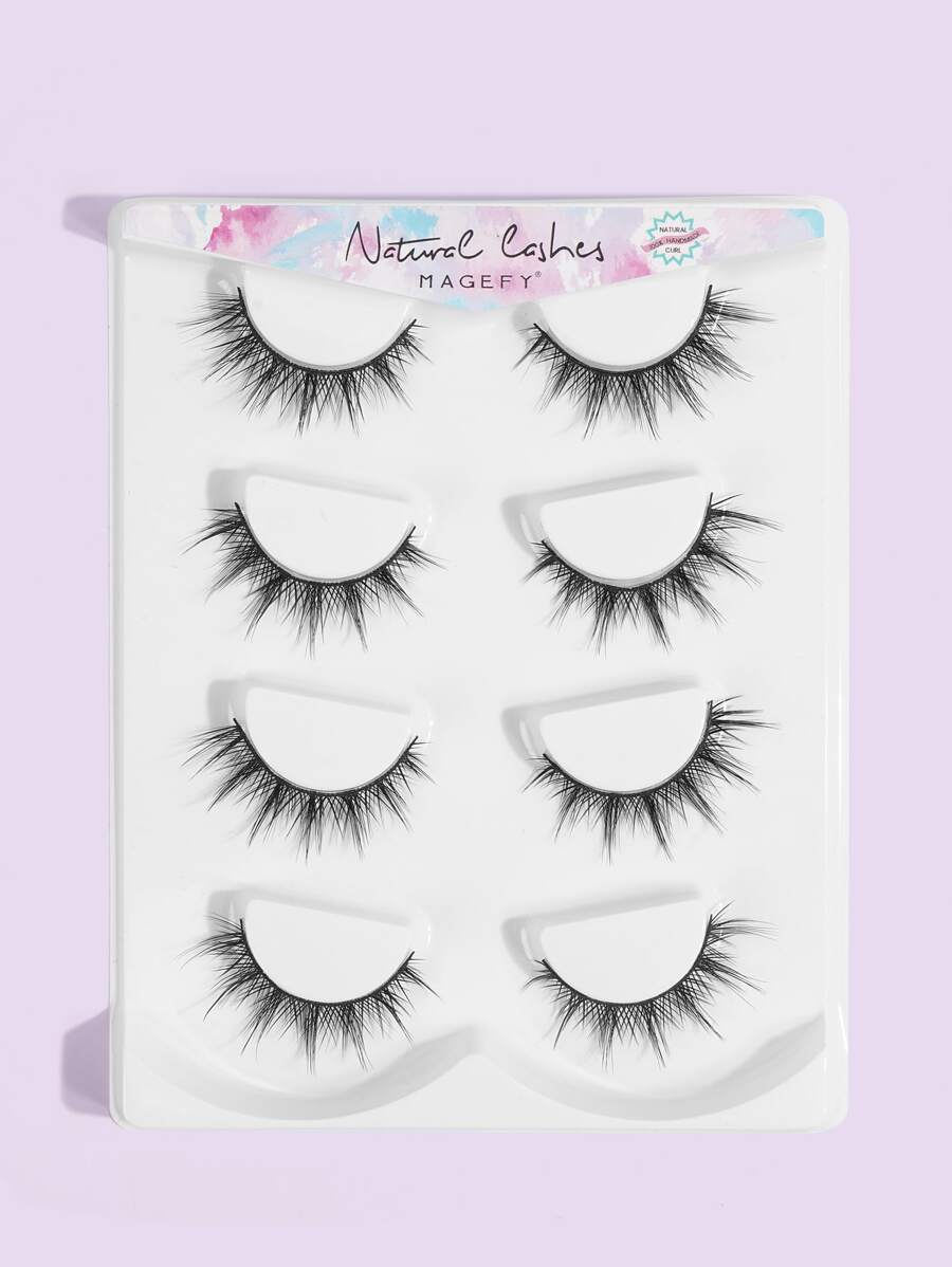 MAANGE 4 Cặp lông mi giả tự nhiên và mềm mại, thích hợp sử dụng hàng ngày, kiểu hoạt hình, vật dụng cần thiết khi đi du lịch, lông mi dạng dải. - màu đen - Xem 1