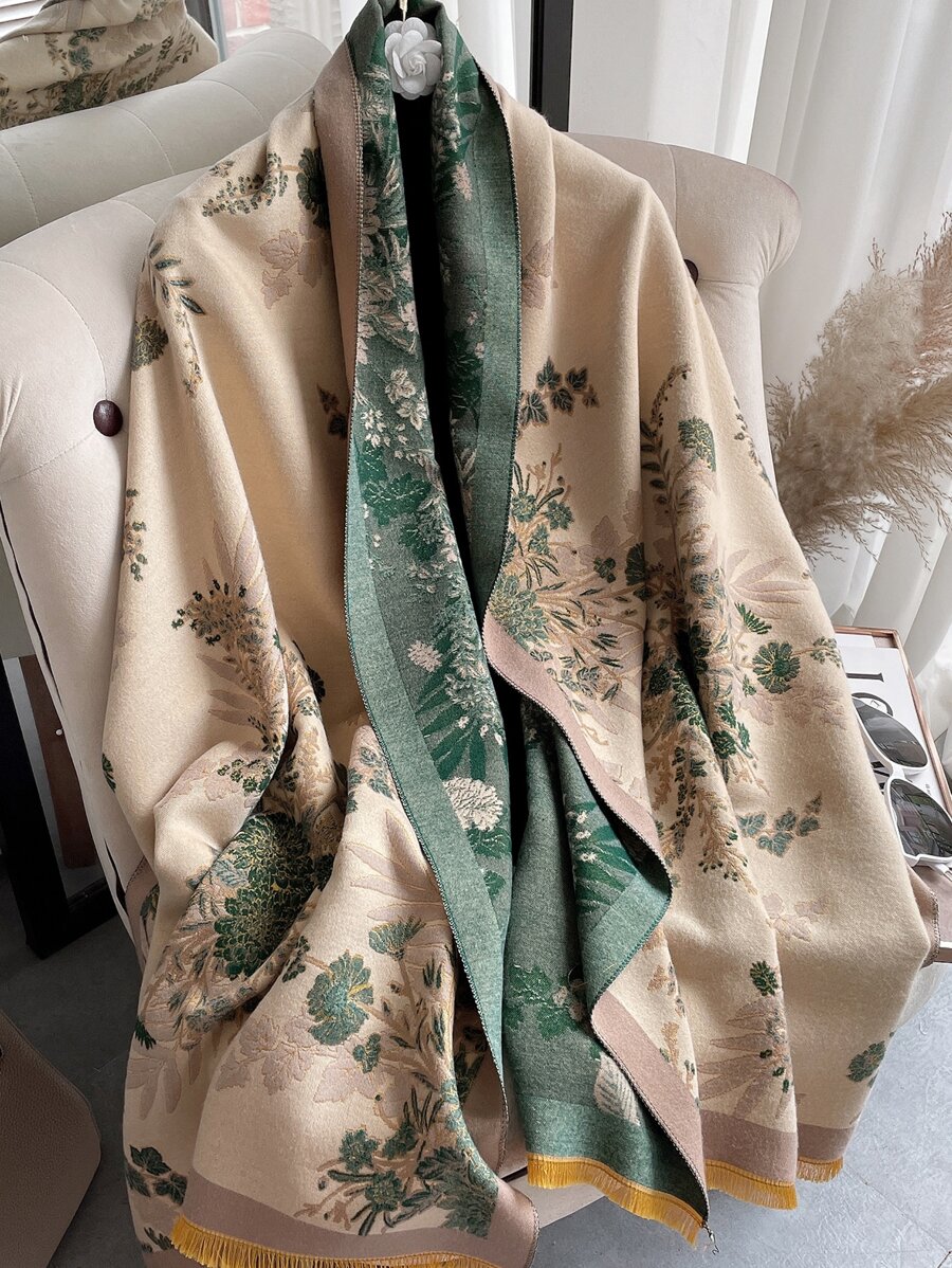 1pc Woman's Faux Cashmere Floral Jacquard Air-Conditioned Scarf, Thickened Warm Scarf Suitable For Daily Use In Autumn And Winter Elegant - Multicolor - View 1
