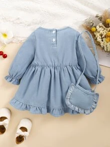 Bebé Vestido mezclilla bajo con fruncido con bolso - Lavado ligero - Ver 2
