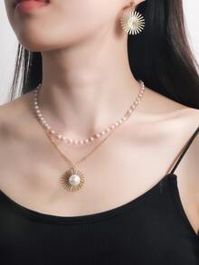 Faux Pearl Decor Sun Charm Layered Necklace - Yellow Gold - View 1