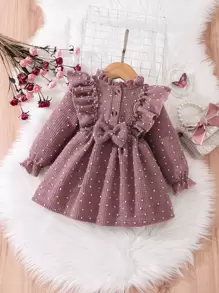 SHEIN Baby Girl Polka Dot Ruffle Trim Flounce Sleeve Bow Front Dress - Purple - View 1
