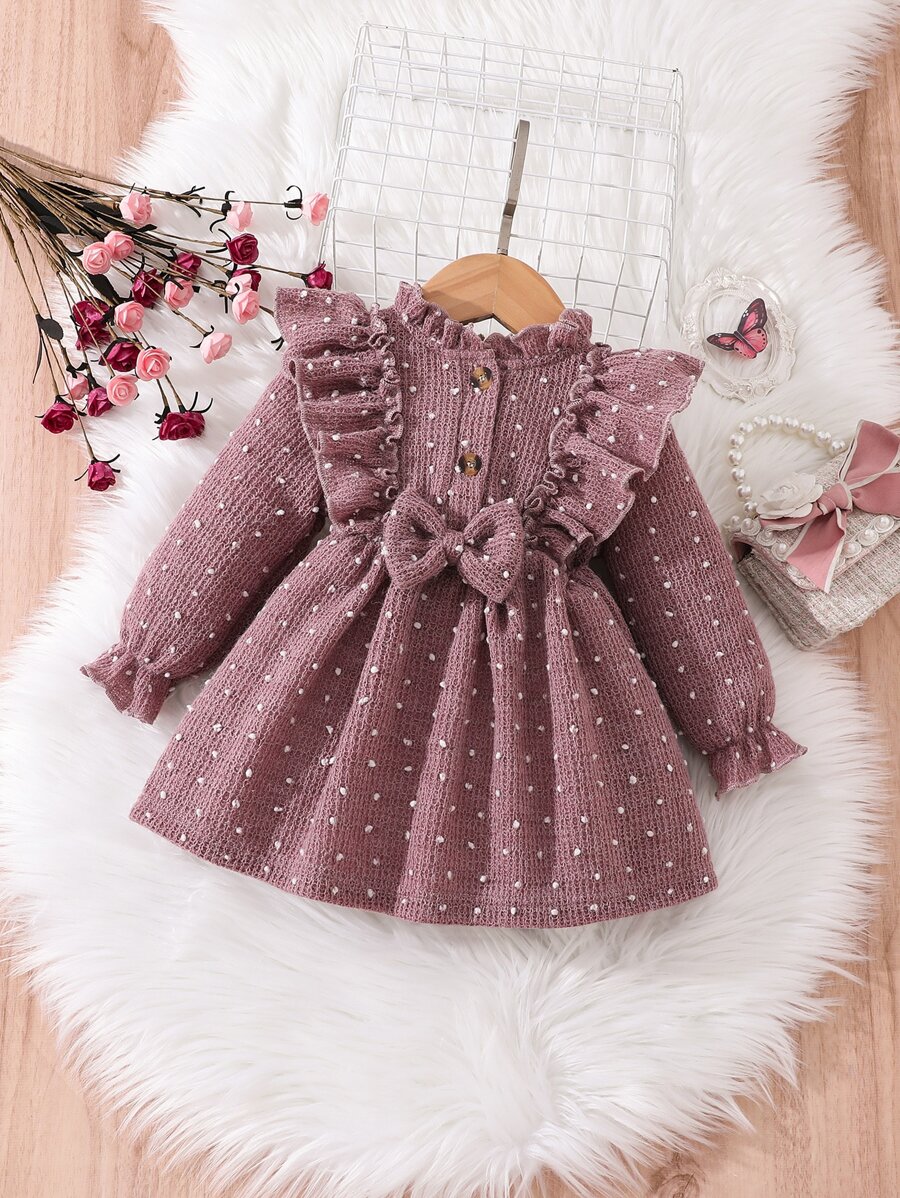 SHEIN Baby Girl Polka Dot Ruffle Trim Flounce Sleeve Bow Front Dress - Purple - View 1